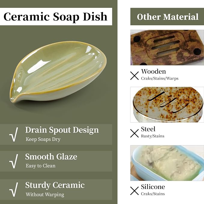 Soap Holder, Self-Draining Soap Dish, Leaf Shape Ceramic Green Bar Soap Holder Drain Soap Dishes for Bathroom Sink Kitchen, Easy to Clean Keeps Soap Dry, ANTIS'S HOME