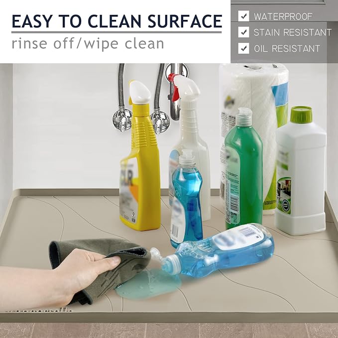 Heavy Duty Silicone Under Sink Mats for Kitchen Waterproof 31" x 22", Extra Thick Under Sink Rubber Mat Drip Tray, Raised Edge Under Sink Liner,Prevent Drips, Leaks, Spills,Brown