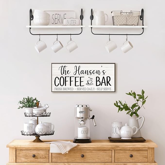 Olakee Floating Wall Shelves for Kitchen Bathroom Coffee Nook with 10 Adjustable Hooks for Mugs Cooking Utensils or Towel Rustic Storage Shelves Set of 2/17x5.9 inch (White)