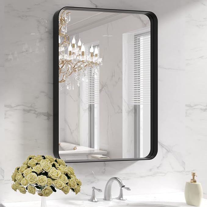 LOAAO 22X30 Inch Black Bathroom Mirror Metal Framed | Rounded Rectangle, Matte Black Bathroom Vanity Mirror, Anti-Rust, Hangs Horizontally or Vertically
