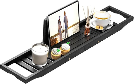 Bathtub Tray Caddy Black - Bath Tray Black - Bath Tub Table Tray Caddy - Bamboo Bath Tray for Tub