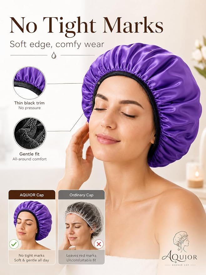 Aquior Shower Cap,Extra Large Triple Layer Bathing Cap with Dry Hair Function for Women Microfiber Terry Cloth Silky Satin 100% Waterproof Reusable Long Hair Bath Caps (Purple)