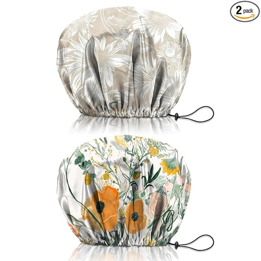 2 PCS Shower Cap Reusable Waterproof Double Layers Hair Caps Shower Bath Adjustable Elastic Hat for Women Girls Cute Aesthetic-Orange Flower