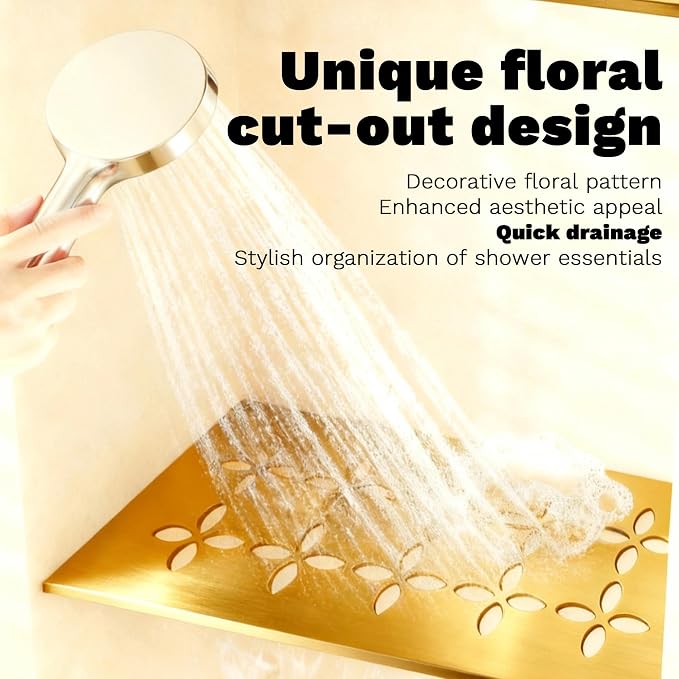 Brushed Orange-Gold Aluminum Material Shower Niche Shelf 12 Inch Rectangular Bathroom Niche Shelf with Floral Design Fits Prefabricated Tile Niches