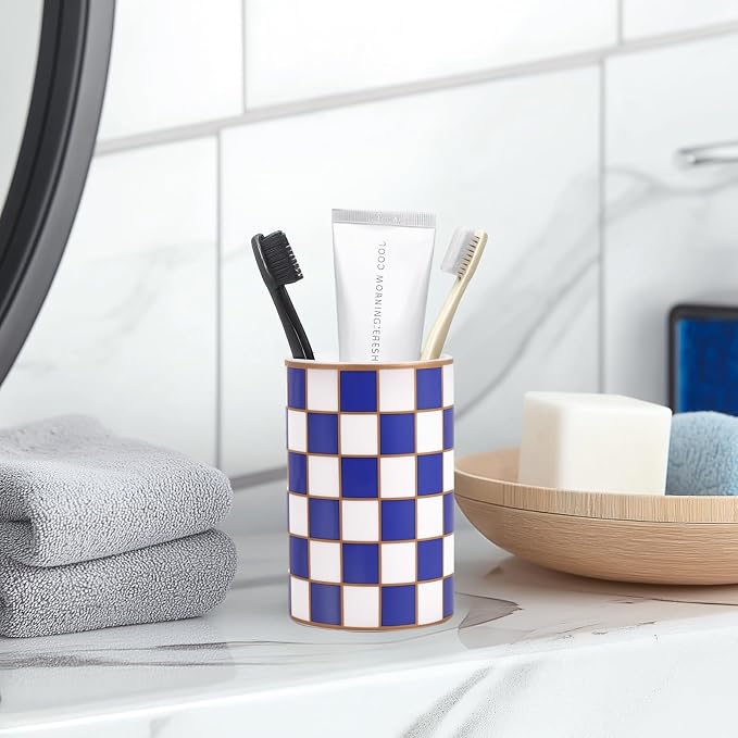 Checkered Bathroom Toothbrush Holder, Bathroom Black and White Ceramic Toothbrush Holder, Modern Toothbrush Box, Used for Bathroom countertop Storage Rack, Checkered Bathroom Decoration (Blue)
