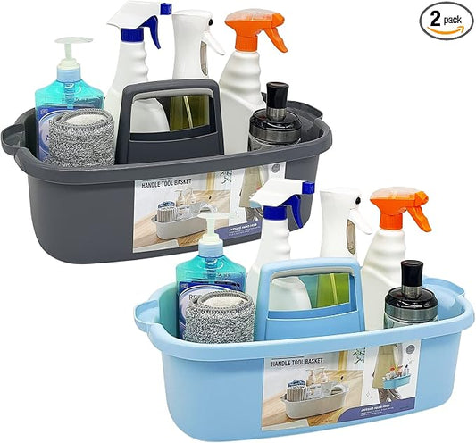 Goderewild 2 Pack Multi-Purpose Plastic Cleaning Caddy with Handle, Shower Caddy Organizer/Storage Basket/Totes Portable for Bathroom Supplies, Cleaning Products, Under Sink Tool. (blue+grey)