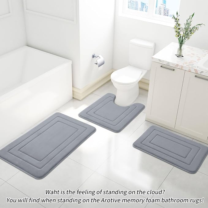 Arotive Memory Foam Bathroom Rug Mat 24x16, Ultra Soft and Absorbent Bath Mat, Machine Wash Dry, Comfortable Bath Rug Carpet for Bathroom Floor, Tub and Shower, Medium Grey