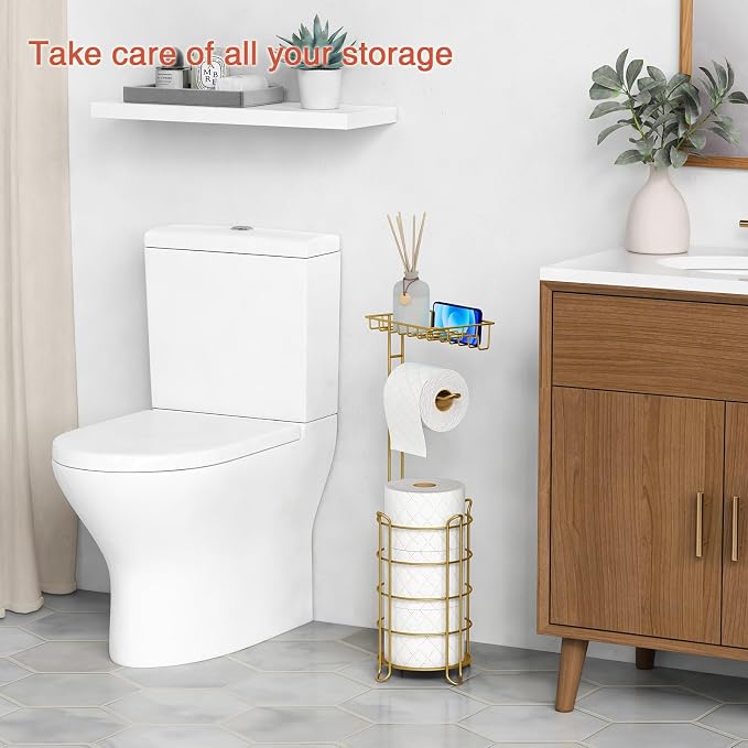 Goozii Gold Free Standing Toilet Paper Holder Stand with Phone Shelf, Floor Bathroom Tissue Holder for Large Mega Rolls, Metal Freestanding Toilet Paper Roll Holder with Wipes Storage Tray