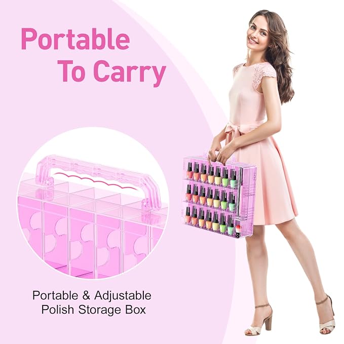 Beloving Nail Polish Organizer Case for 48 Bottles with Adjustable Divider, Double Side Nail Polish Holder for Storage Display, Pink