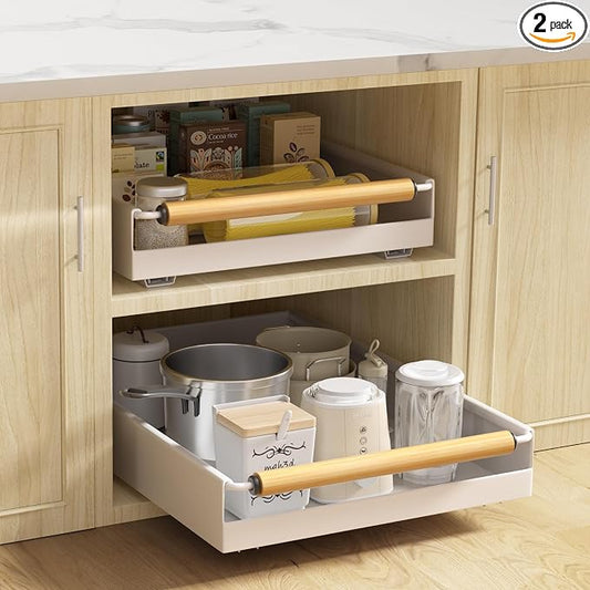 2 Pack No-Drill Pull Out Cabinet Organizer 15.3'' Deep Expandable Slide Out Drawers for Kitchen Pantry & Under Sink Storage, Adhesive Nano Film Mount, White