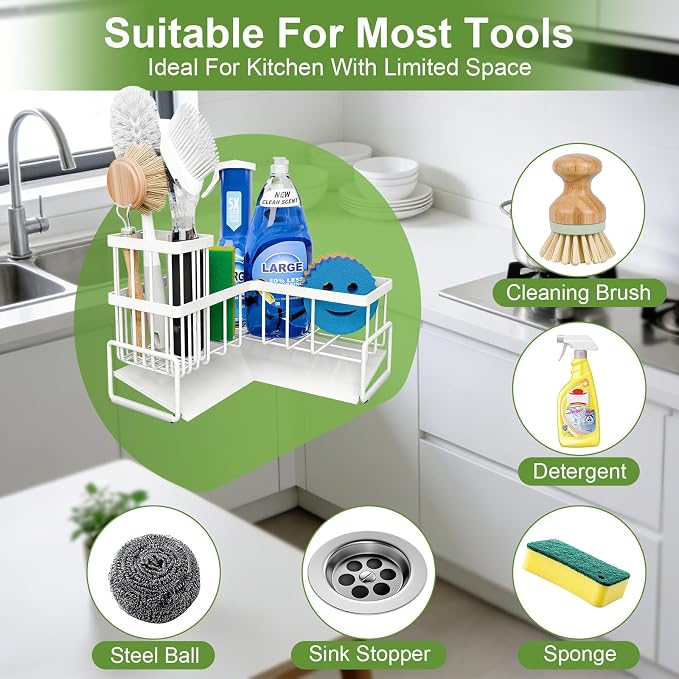 Fikoksol Large Sponge Holder for Kitchen Sink, 90-Degree Sink Caddy Organizer with Dish Brush Holder for Countertop Corner Storage Rack, White Metal L Kitchen Sink Sponge Soap Organizer Storage Ideas