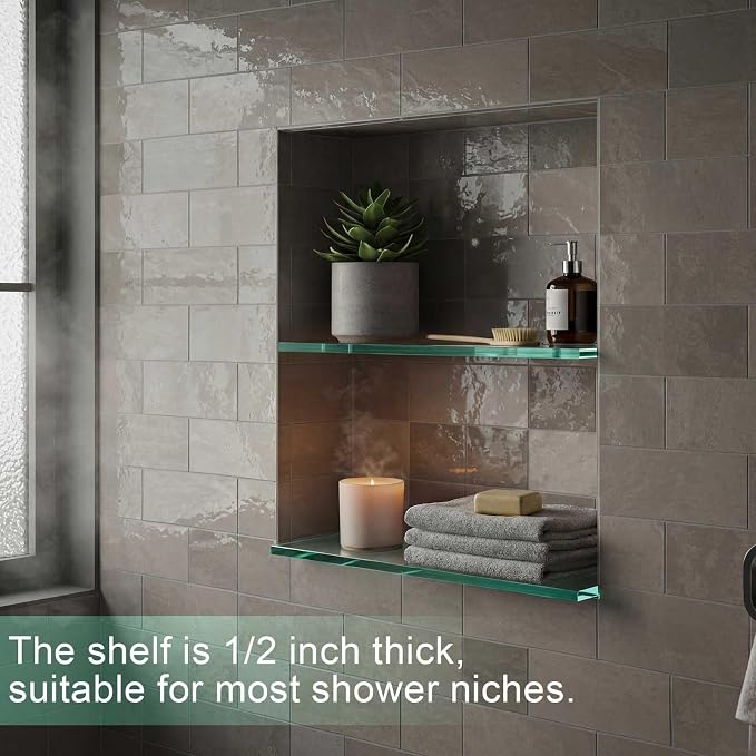 AceOrbit 2 Pcs 3-1/8 x 12-3/4 x 1/2 Inch Glass Shower Shelf for Shower Niche Break-Resistant Easy Install Clear Glass Support Plate for DIY Storage Decor