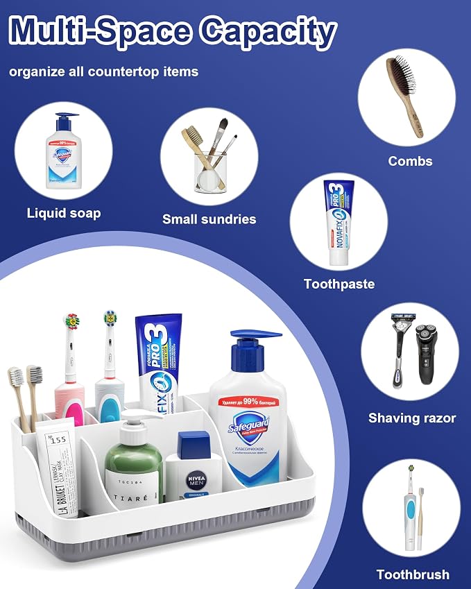 Bathroom Counter Organizer and Storage, 7 Slots Detachable Toothbrush Holders for Bathrooms, Anti-Slip Electric Toothbrush and Toothpaste Holder Countertop Vanity Organizer Accessories for Adults Kids