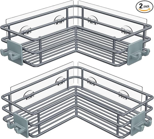 Nieifi Adhesive Corner Shower Caddy Shelf Basket Rack with Hooks, Rust Proof Stainless Steel Bathroom Shelf Shampoo Holder No Drilling (Gray)