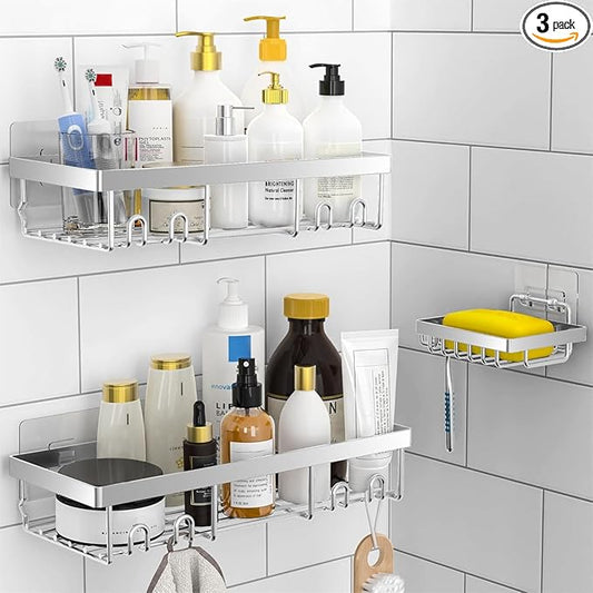 Moforoco 3-Pack Shower Caddy Basket Shelf with Soap Holder, No Drilling Traceless Adhesive Shower Wall Shelves, Rustproof Black Bathroom Shower Storage Organizer