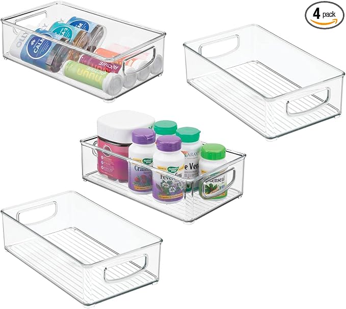 mDesign Plastic Storage Organizer Shallow Container Bin with Handles for Bathroom, Kitchen Cabinet, Pantry, Home Organization - Holds Vitamins, Supplements, Makeup - Ligne Collection - 4 Pack - Clear