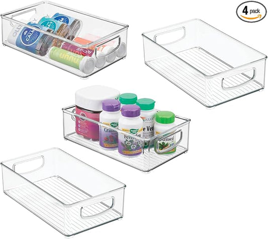 mDesign Plastic Storage Organizer Shallow Container Bin with Handles for Bathroom, Kitchen Cabinet, Pantry, Home Organization - Holds Vitamins, Supplements, Makeup - Ligne Collection - 4 Pack - Clear