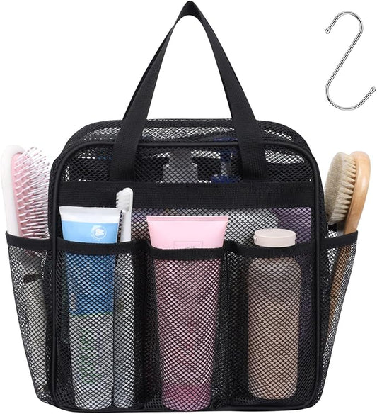 F-color Mesh Shower Caddy Portable with Zipper - Upgrade Deeper 7 Pockets Dorm Room Essentials for Guys Girls with S Hook, Shower Bag Basket Tote for College Camping Toiletry Bathroom, Black