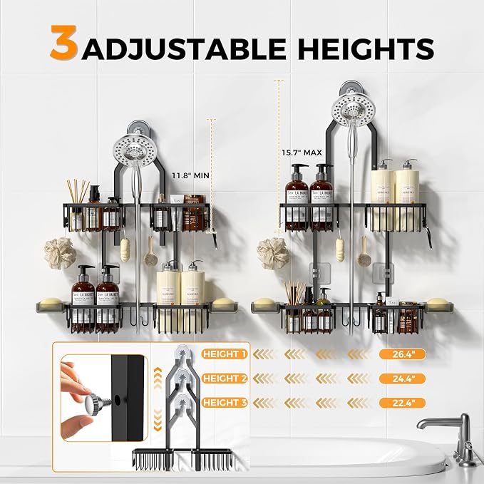 Adjustable Aluminum Shower Caddy Hanging for Handheld Showerhead, Black | Rustproof Aluminum, Shower Organizer, Anti-Slip, Quick-Drain Shelf, 40lbs Capacity, Suction Cups, 8 Hooks, Razor Soap Holders