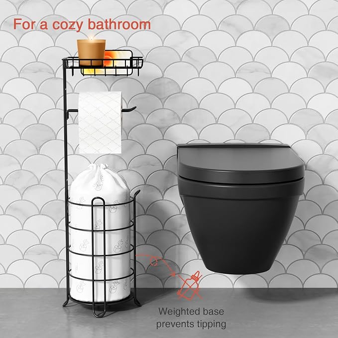 Goozii Matte Black Free Standing Toilet Paper Holder Stand with Shelf, Freestanding Bathroom Tissue Dispenser with Wipes Storage, Floor Toilet Paper Holder with Phone Tray for Large Mega Rolls