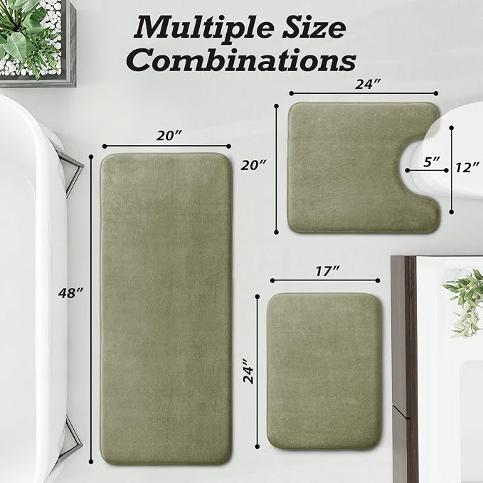 Bathroom Rugs Sets 3 Piece, Non-Slip & Quick Dry Bath Mat Set, Ultra Soft Velvet Bath Rugs for Bathroom, Toilet and Shower Floor, Olive Green