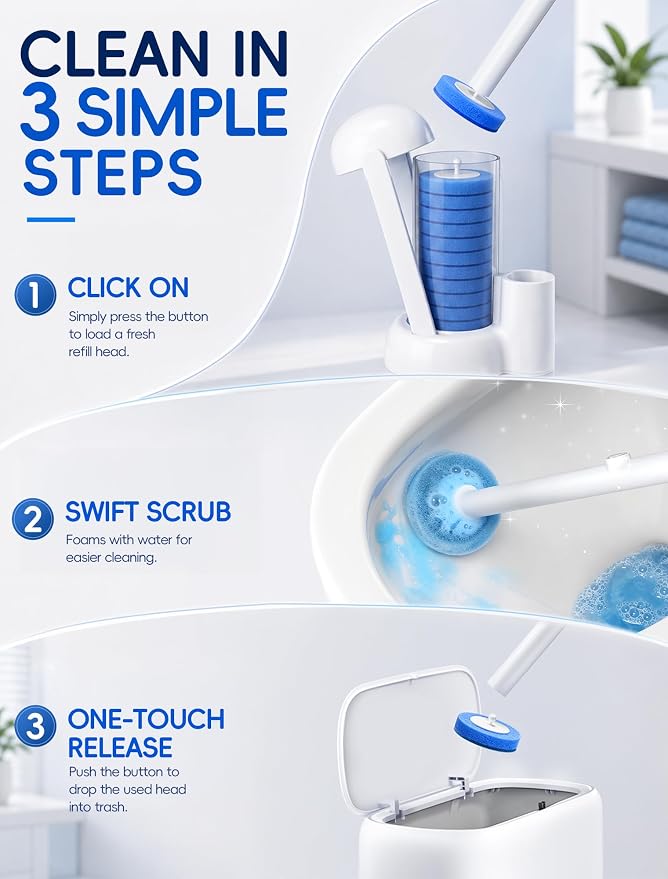 Disposable Toilet Brush System, Toilet Bowl Cleaning Wand with Lift-to-Open Refill Case, Blue Refill Heads and Freestanding Holder, 1 Wand and Holder Set with 63 Blue Refills