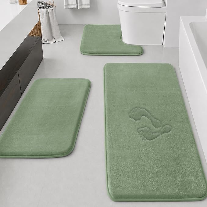 Bathroom Rugs Sets 3 Piece, Non-Slip & Quick Dry Bath Mat Set, Ultra Soft Velvet Bath Rugs for Bathroom, Toilet and Shower Floor, Grey Green
