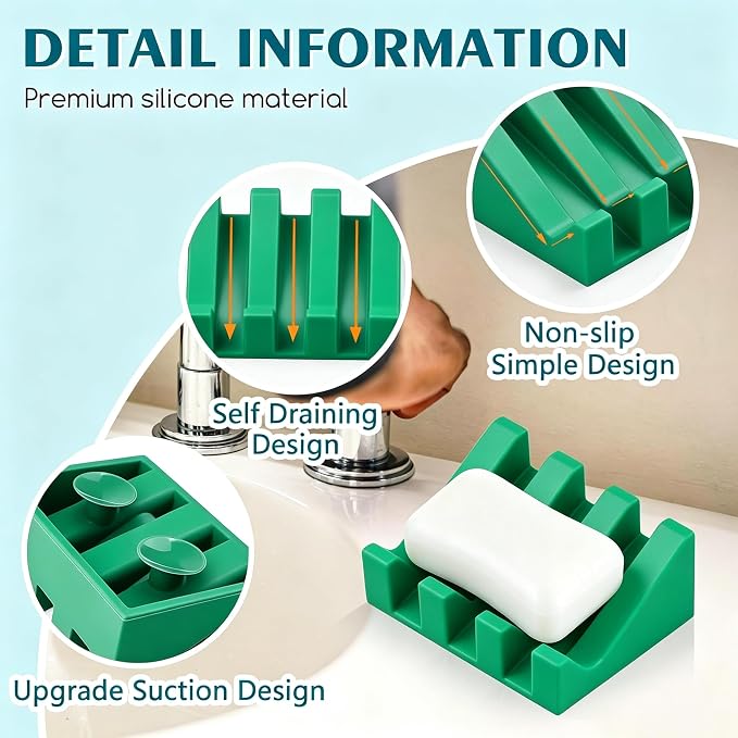 Silicone Soap Dish Self Draining with Suction Cups (Green,1 Pack) | Waterfall drainage design drains fast to keep soap dry silicone soap saver with reusable suction cups for bathroom & kitchen