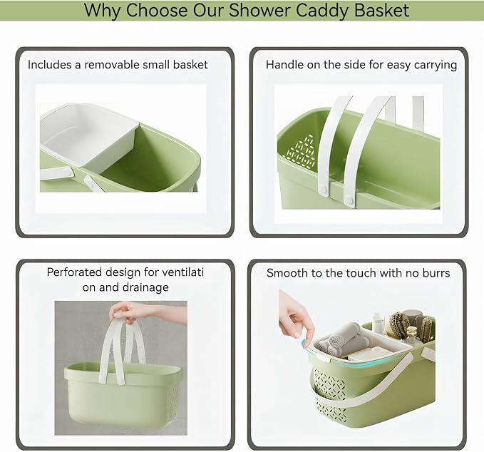 Pulseplay Plastic Organizer Storage Basket with Handles Portable Large Capacity Shower Caddy Basket with Drainage Holes for Bathroom Living Room College Dorm Room (Green)