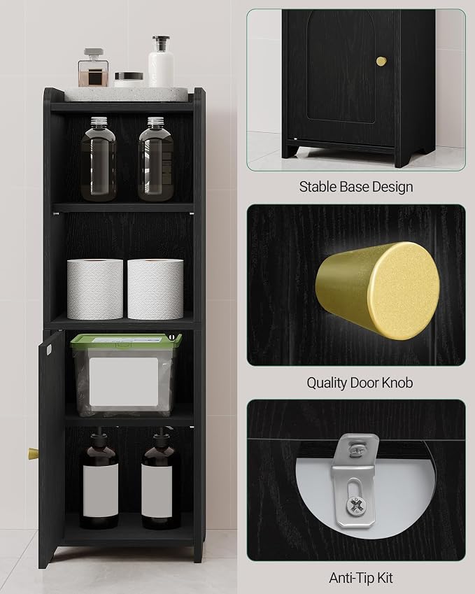 Hzuaneri Bathroom Storage Cabinet, Corner Floor Cabinet with Doors and Adjustable Shelf, Narrow Toilet Paper Cabinets, Bathroom Organizer for Small Spaces, Black BC29704X