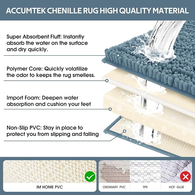 ACCUMTEK Upgrade Extra Large Haze Blue Bathroom Rug Set 3 Pieces Ultra Soft, Thick Absorbent Bath Mats, Non Slip Chenille Toilet Mat for Bathroom, Bedroom, Kitchen, Stone Blue