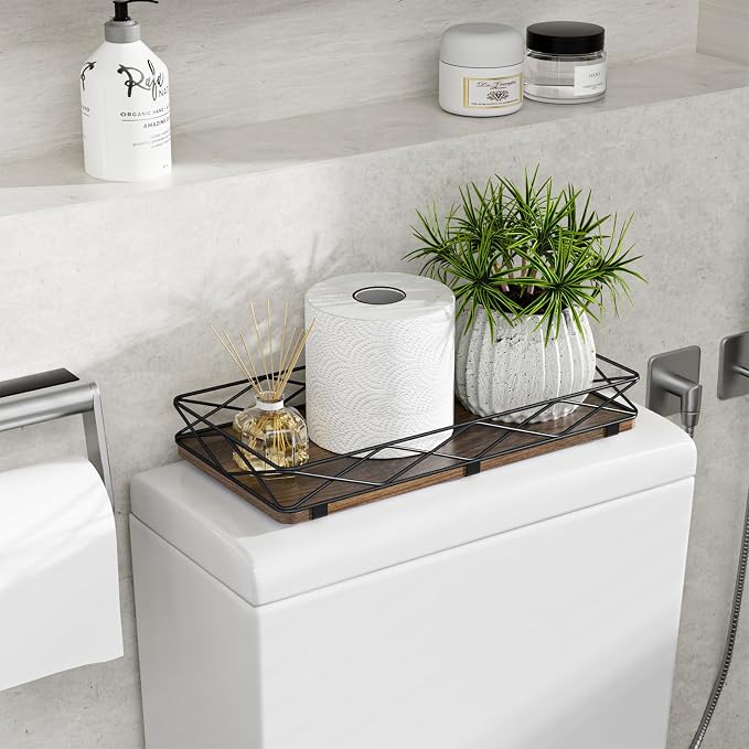 Lixple Toilet Paper Basket Holder, 13" Toilet Tank Tray, Wood and Metal Toilet Tray Vanity Organizer Bathroom Tray, Kitchen Sink Organizer for Soap Dispenser (Brown+Black)