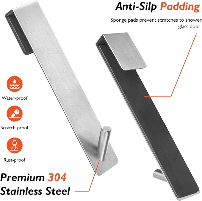 Kontoyo Shower Door Hooks(10 Inch),Extended Over Door Hooks for Bathroom Frameless Glass Shower Door,Stainless Steel Towel Hooks,Heavy Duty Rack Hooks for Robe,Towel-3 Pack-Silver
