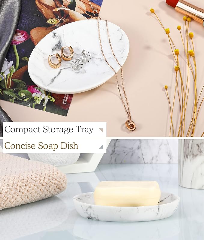 Luxspire Soap Dish 2 Packs, Resin Soap Tray Soap Holder Container Box, Marble Pattern Oval Soap Plate Case, Sponge Dish Scrubbers Tray Holder for Bathroom Vanity Shower Kitchen Sink, Gravel White