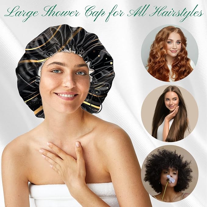 2 PCS Shower Cap Waterproof Double Layer Elastic Adjustable Reusable Hair Bath Caps for Girls Women Cute Aesthetic-Black 2