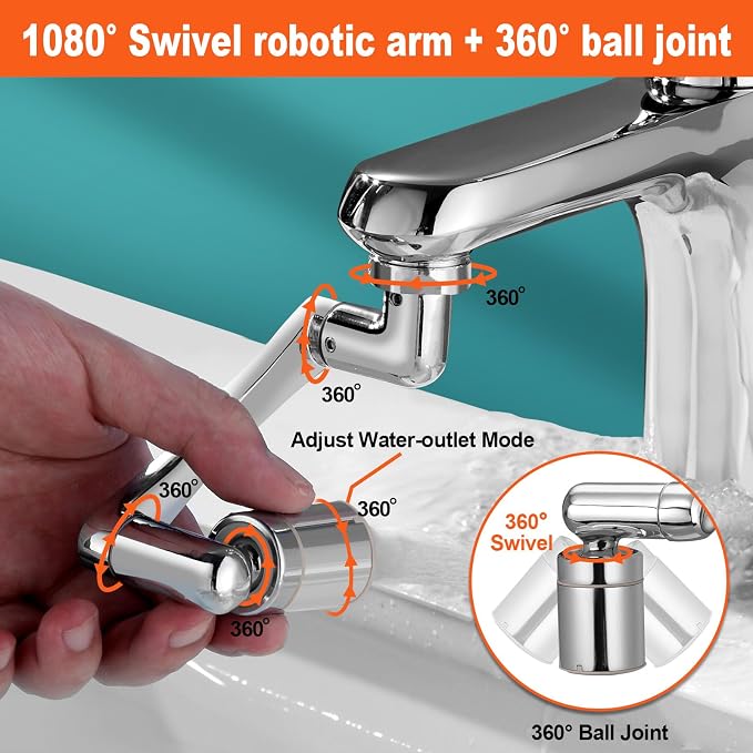 Spurtar 1440° Sink Faucet Aerator Extension Swivel Faucet Extender, 2 Sprayer Modes Rotatable Bathroom Kitchen Head Replacement Tap Attachment with Filter for G 1/2", 55/64",15/16"