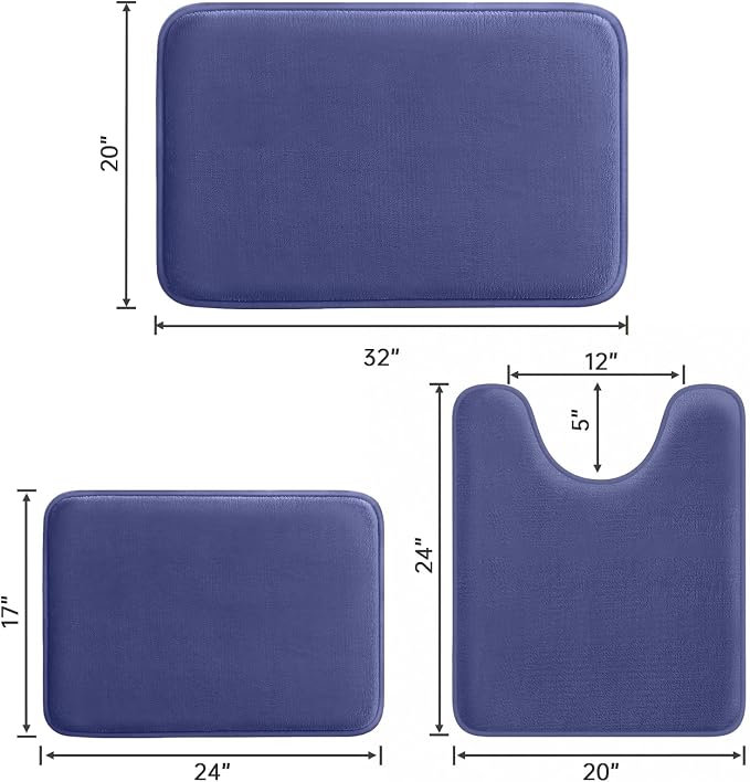 HUXMEYSON 3-Piece Memory Foam Bathroom Rug Set, Royal Blue | Quick Dry Velvet Surface, Non-Slip & PVC Backing, Ultra Soft Bath Rugs for Bathroom, 17"x24"+20"x32"+U Shape 20"x24"
