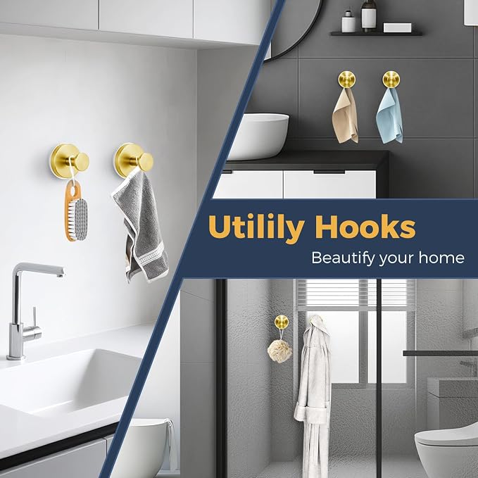 Large Suction Cup Hooks for Shower,Glass Window&Door,Mirror,Reusable Shower Hooks,No-Drill Removable Towel Hooks for Bathroom,4 Packs(Brushed Gold)