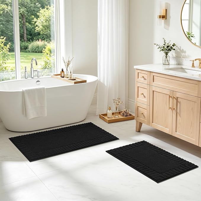 Pauwer Bathroom Rugs Sets 2 Piece, Non Slip Plush Bath Mats, Black | Machine Washable, Microfiber Shower Rugs, Absorbent Quick Dry, Floor Mat for Bath Floor Tub and Shower