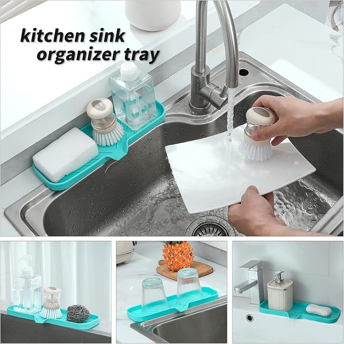 MicoYang Silicone Soap Dish with Drain Spout — Self-Draining Double Sink Organizer Tray for Kitchen & Bathroom, Dispensers, Sponges & Soap Holder, Non-Slip & Dishwasher Safe, Mint (Large, 12"×4")