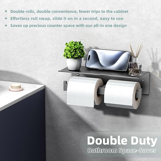APLusee Gunmetal Gray Double Toilet Paper Holder with Shelf, 304 Stainless Steel Bathroom Tissue Roll Holder, Wall Mounted Paper Dispenser for Bathroom Kitchen, Fits Mega Rolls