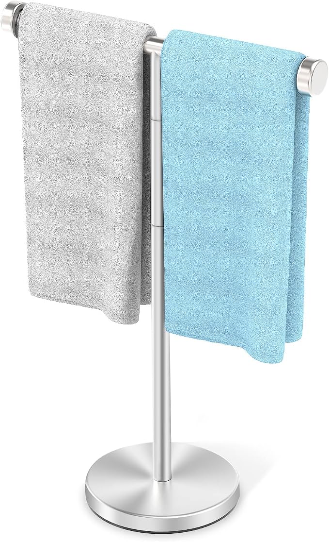 VEHHE T-Shape Hand Towel Holder for Bathroom, Height Adjustable Hand Towel Stand, SUS304 Stainless Steel Towel Holder Stand Non-Slip for Adults, Children（Silver）