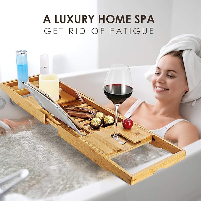 Moclever Bathtub Caddy Trays - Premium Bamboo Bath Trays with Extending Sides, Reading Rack, Tablet Holder, Cell Phone Tray and Luxury Wine Glass Holder - Natural Bamboo Color