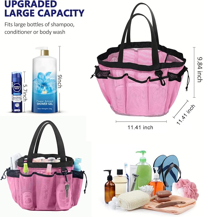 Moyad Large Mesh Shower Caddy Hanging Beach Tote Bag Travel Portable Cleaning Caddy Shower Organizer Camping Accessories College Dorm Room Essentials, Pink