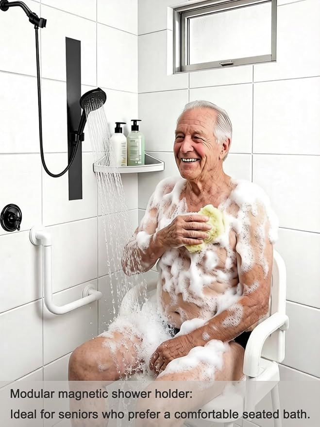 Modular Magnetic Handheld Shower Head Holder, 5-Section Customizable Sliding Rail with Tool-Free Adhesive Installation, Adjustable Height and Angle for Shower Chairs, Kids, Pets, Elderly, RV, Bathtub