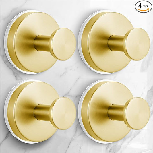 Large Suction Cup Hooks for Shower,Glass Window&Door,Mirror,Reusable Shower Hooks,No-Drill Removable Towel Hooks for Bathroom,4 Packs(Brushed Gold)