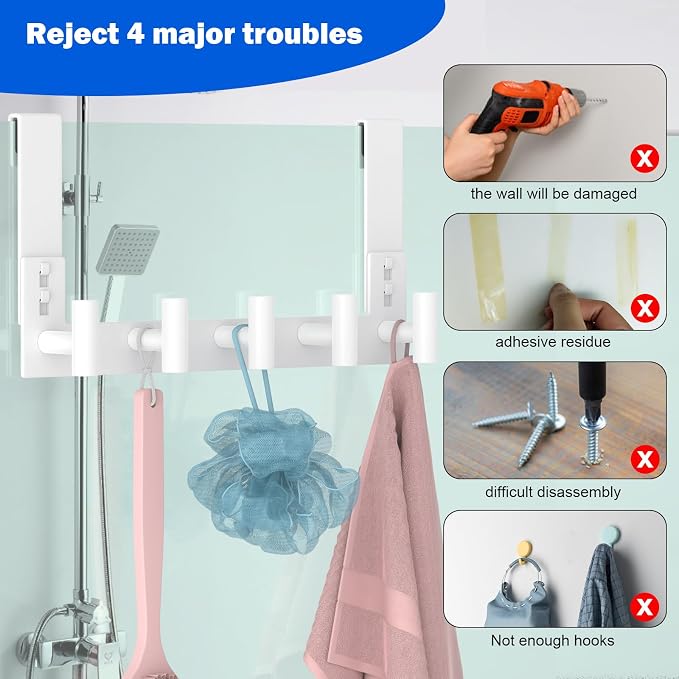 PMMASTO No-Drill Extra Long Shower Hooks, Fits 3/8" Thick Door, Heavy Duty Stainless Steel Towel Hooks for Frameless Glass Shower Door, Holds Bathrobe Towel (White, 5 T-Hooks)