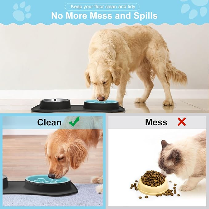Slow Feeder Dog Bowls 3 in 1 Stainless Steel Food Water Bowl to Slow Eating | Durable, Non-spill & Non-skid with Silicone Mat Design, Slow Down Eating, Suitable for Small Medium Large Dogs and Cats