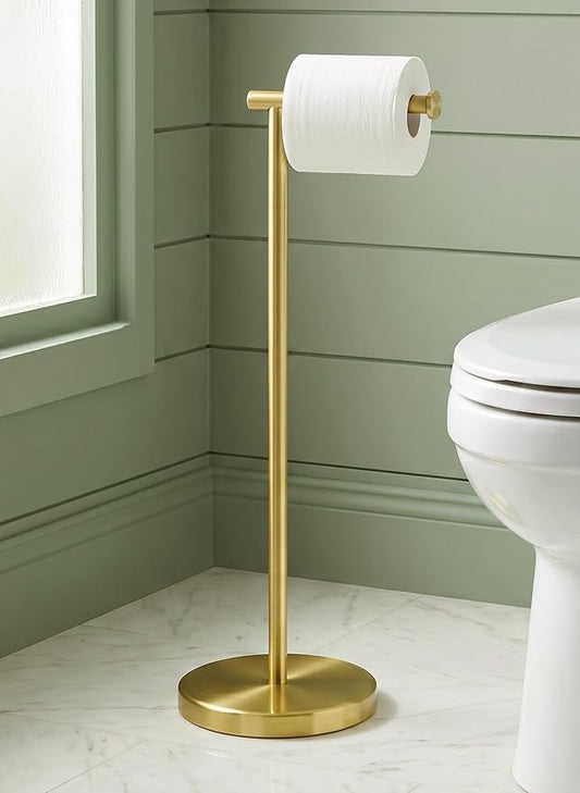 KES Gold Toilet Paper Holder Stand, 26" H (Taller Version), Weighted Base | Weighted Base, Rustproof, Anti-Slip, Fits All Roll Sizes, No Drilling, Easy Assembly