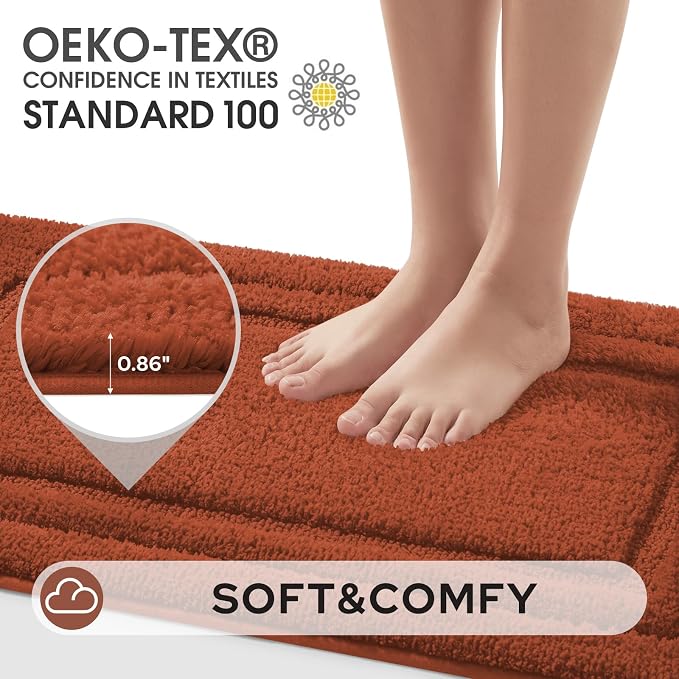 HOMEIDEAS Bathroom Rugs Sets 2 Piece, Extra Long Bath Mat Burnt Orange | Super Soft and Absorbent Non Slip Microfiber Bath Rug，Machine Washable, for Bathroom, 20" x 47" + 16" x 24"